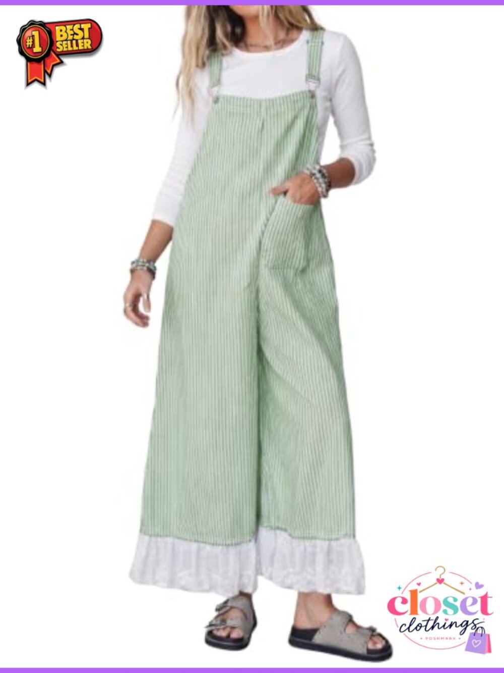 Women's Striped Wide Leg Overalls Adjustable Straps Lace Ruffle Hem Casual